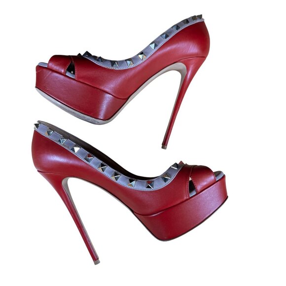 Valentino Garavani Rockstud Red Platform Peep Toe Heels Pumps Size 39 - Picture 9 of 11
